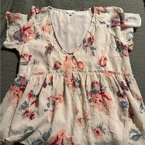 Lucky Brand Floral V-Neck Blouse - Cream and Red